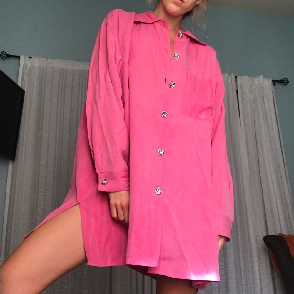 Vintage Hot Pink Button-Down Blouse-Dress